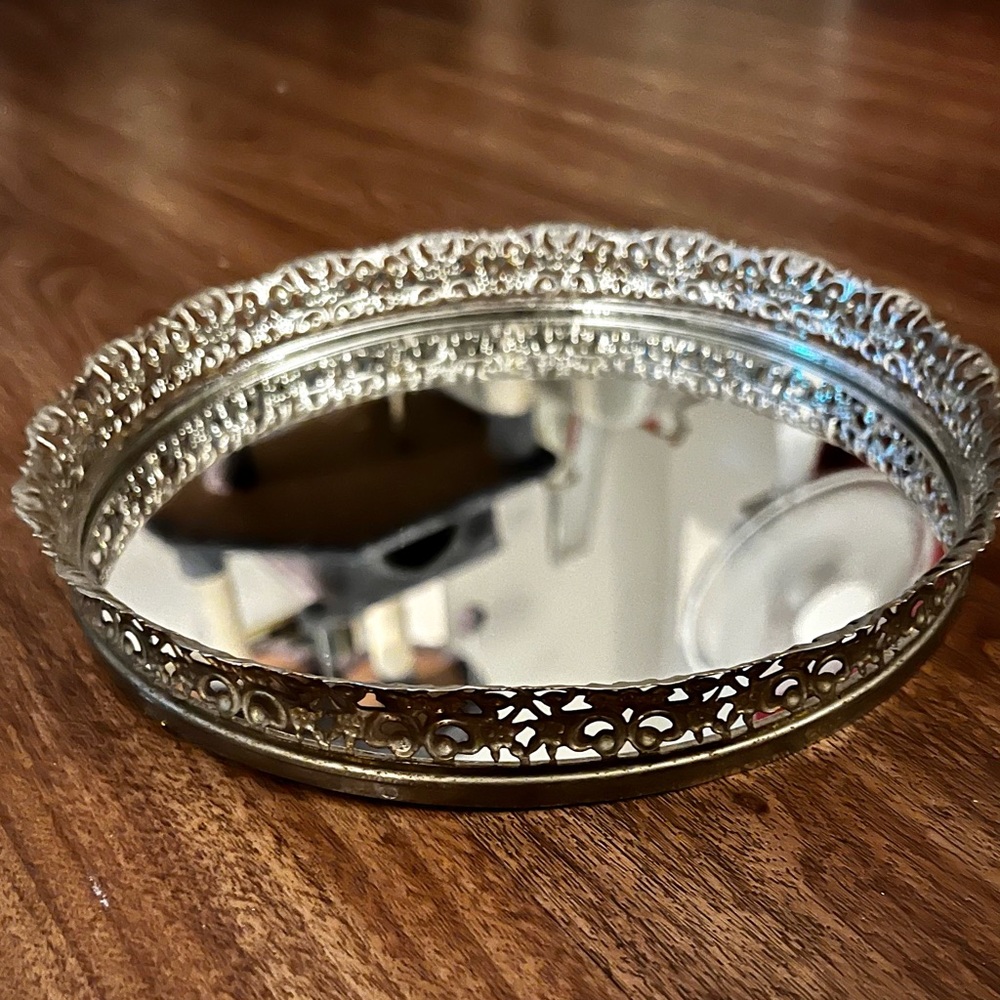 ANTIQUE Vanity tray with mirror on bottom with felt on all the back